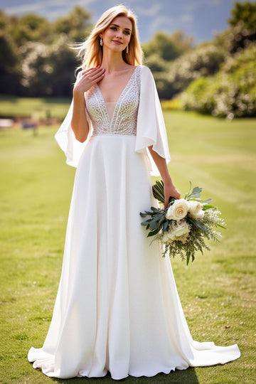 lvory A Line 3/4 Sleeves Lace Long Wedding Dress